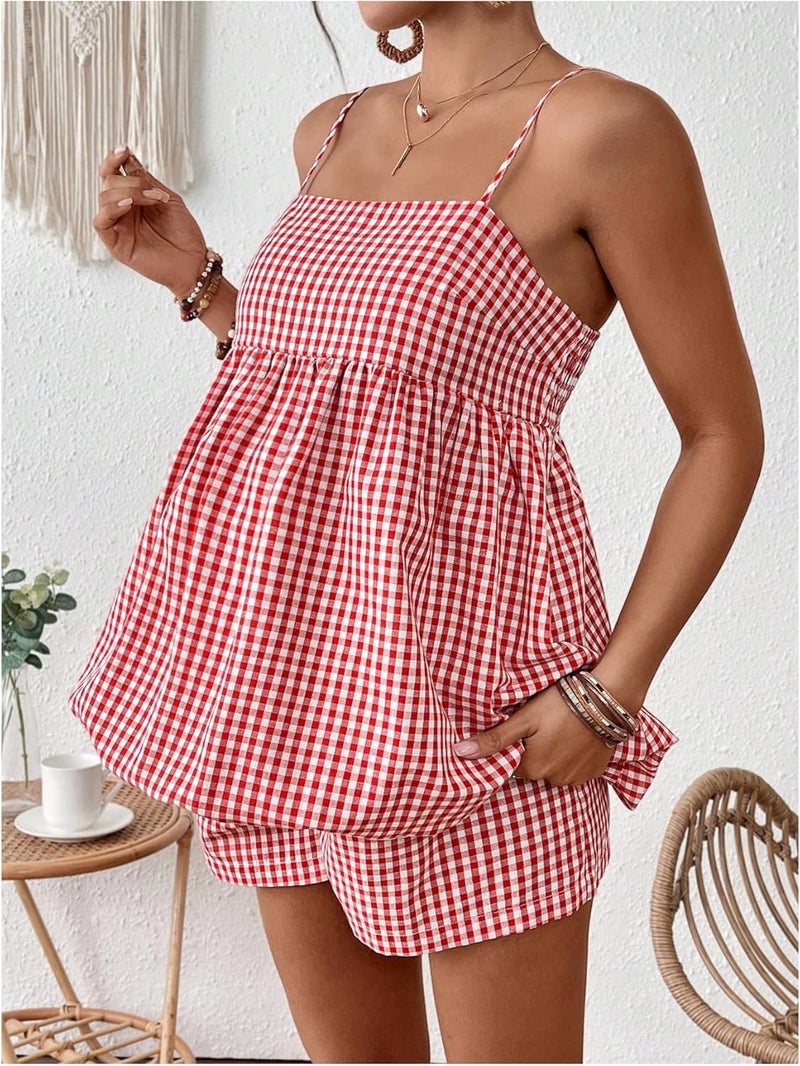 SweatyRocks Women's Maternity 2 Piece Outfits Plaid Peplum Bubble Cami Top and Shorts Sets - Image 5